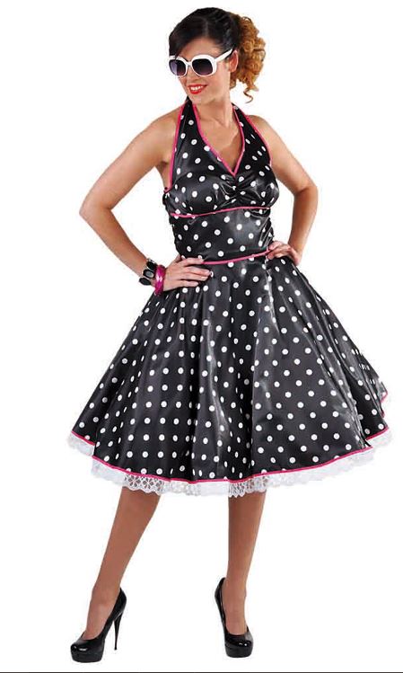 Rock en Roll dame zwart met roze bies - Willaert, verkleedkledij, carnavalkledij, carnavaloutfit, fantasiekledij, feestkledij, jaren 50, r&r, fifties